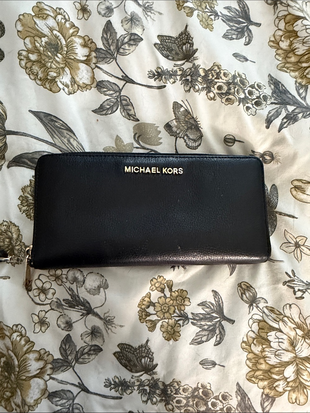 Michael Kors Black Leather Zip Wallet with Gold Logo